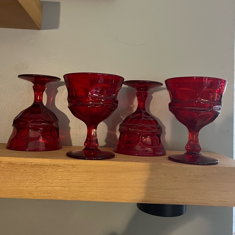 Set of 4 Fostoria Argus Ruby Red Stemmed Sherbet Glasses 5" Vintage Wine Barware